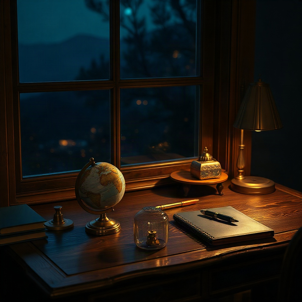 Globe and logbook on a dark desk